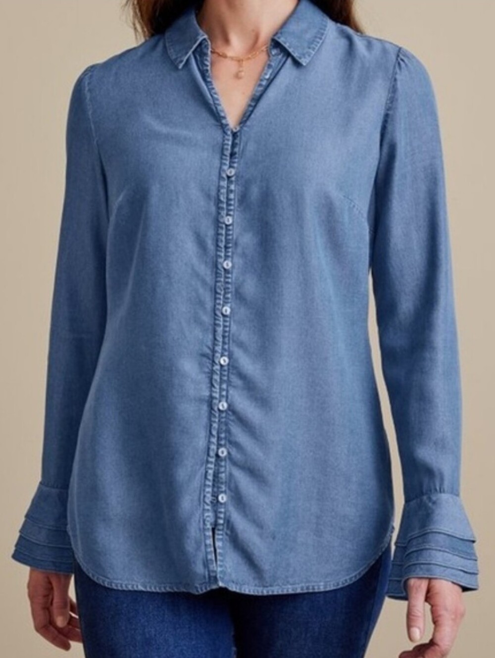 Soft Surroundings Sonnet Denim Look Tencel Button Up Shirt Ruffle Cuffs Blue XL